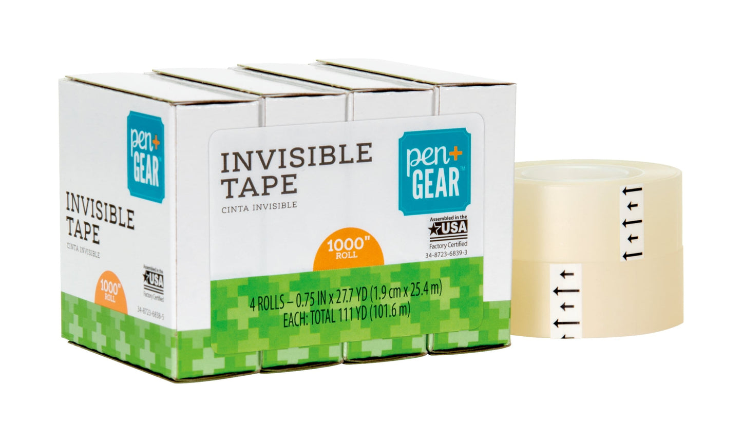 (3 Pack) Pen + Gear Invisible Tape, Clear, 3/4" X 1000", 4 Roll of Tape
