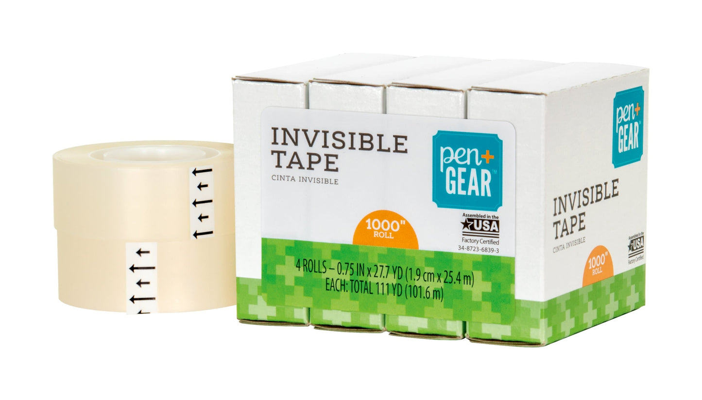 (3 Pack) Pen + Gear Invisible Tape, Clear, 3/4" X 1000", 4 Roll of Tape
