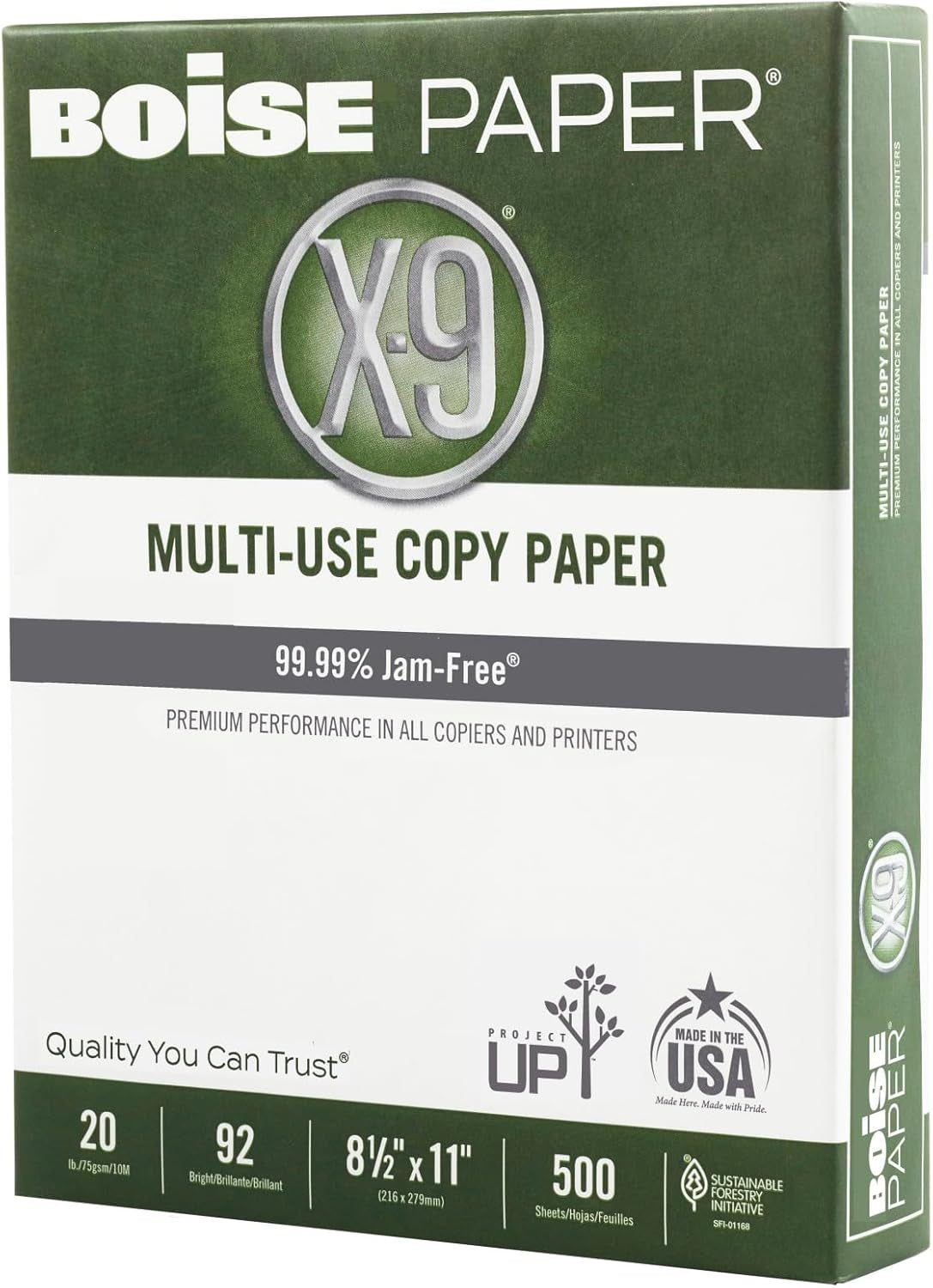 Boise® X-9® Multi-Use Print & Copy Paper, Letter Size (8 1/2" X 11"), 92 (U.S.) Brightness, 20 Lb, White, 500 Sheets per Ream, Case of 10 Reams