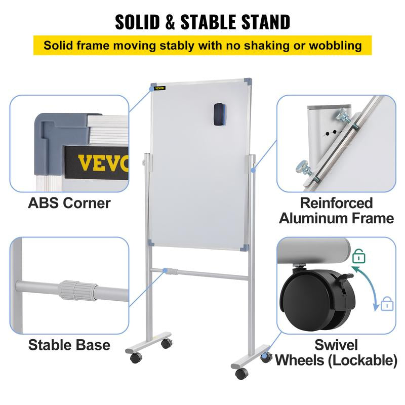 VEVOR Mobile Magnetic Whiteboard, 36 X 24 Inch, Double Sided, 360 Degree Reversible Rolling Dry Erase Board, Height Adjustable with Aluminum Frame and Lockable Swivel Wheels, for Office School Home
