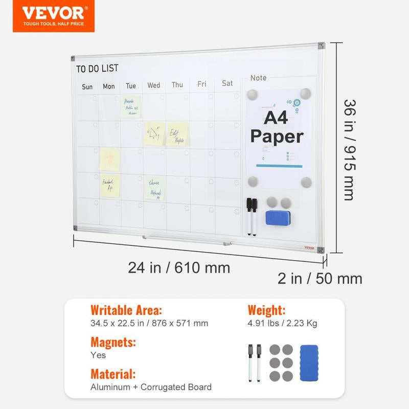 VEVOR Mobile Magnetic Whiteboard, 36 X 24 Inch, Double Sided, 360 Degree Reversible Rolling Dry Erase Board, Height Adjustable with Aluminum Frame and Lockable Swivel Wheels, for Office School Home