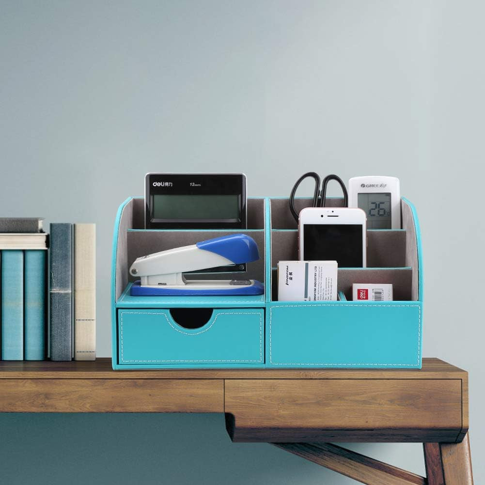 Chic Mint Blue PU Leather Desk Organizer: 6 Compartments & Drawer for a Tidy Workspace! 🖊️✨