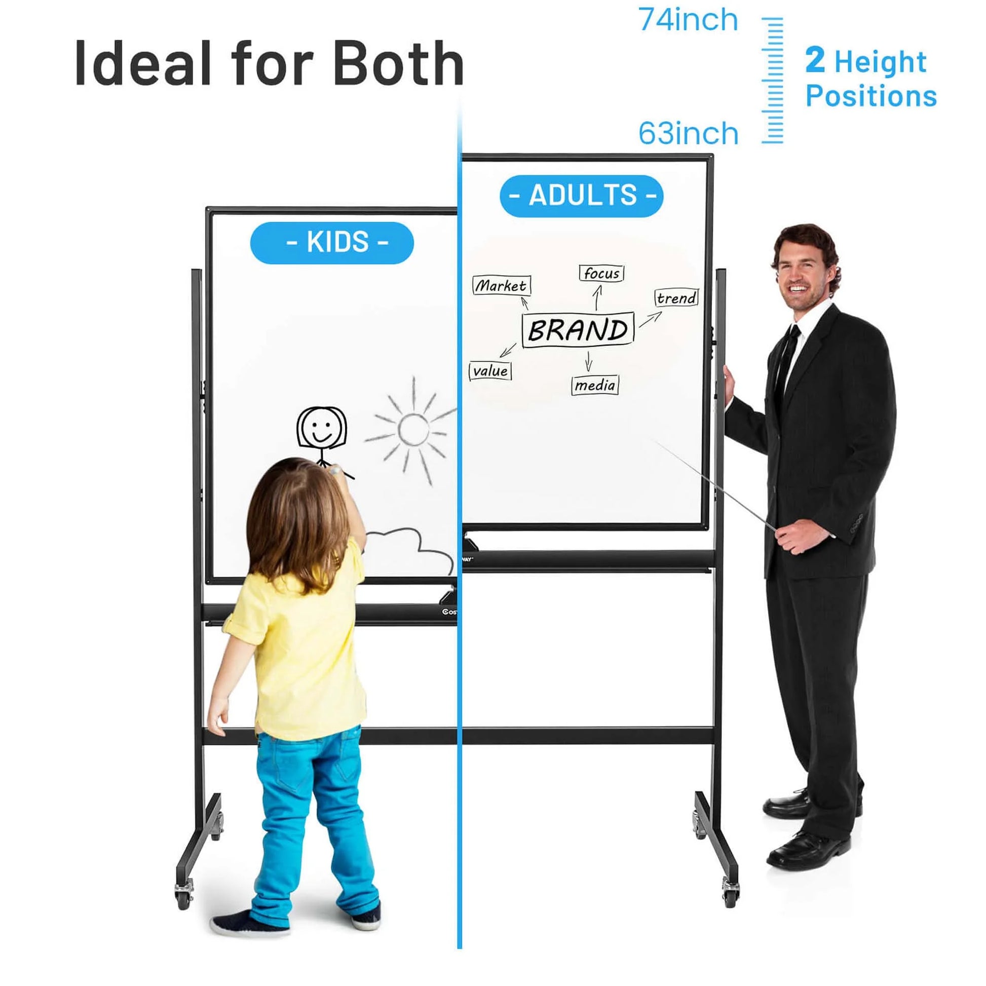 48''X36'' Mobile Magnetic Double-Sided Reversible Whiteboard Height Adjust