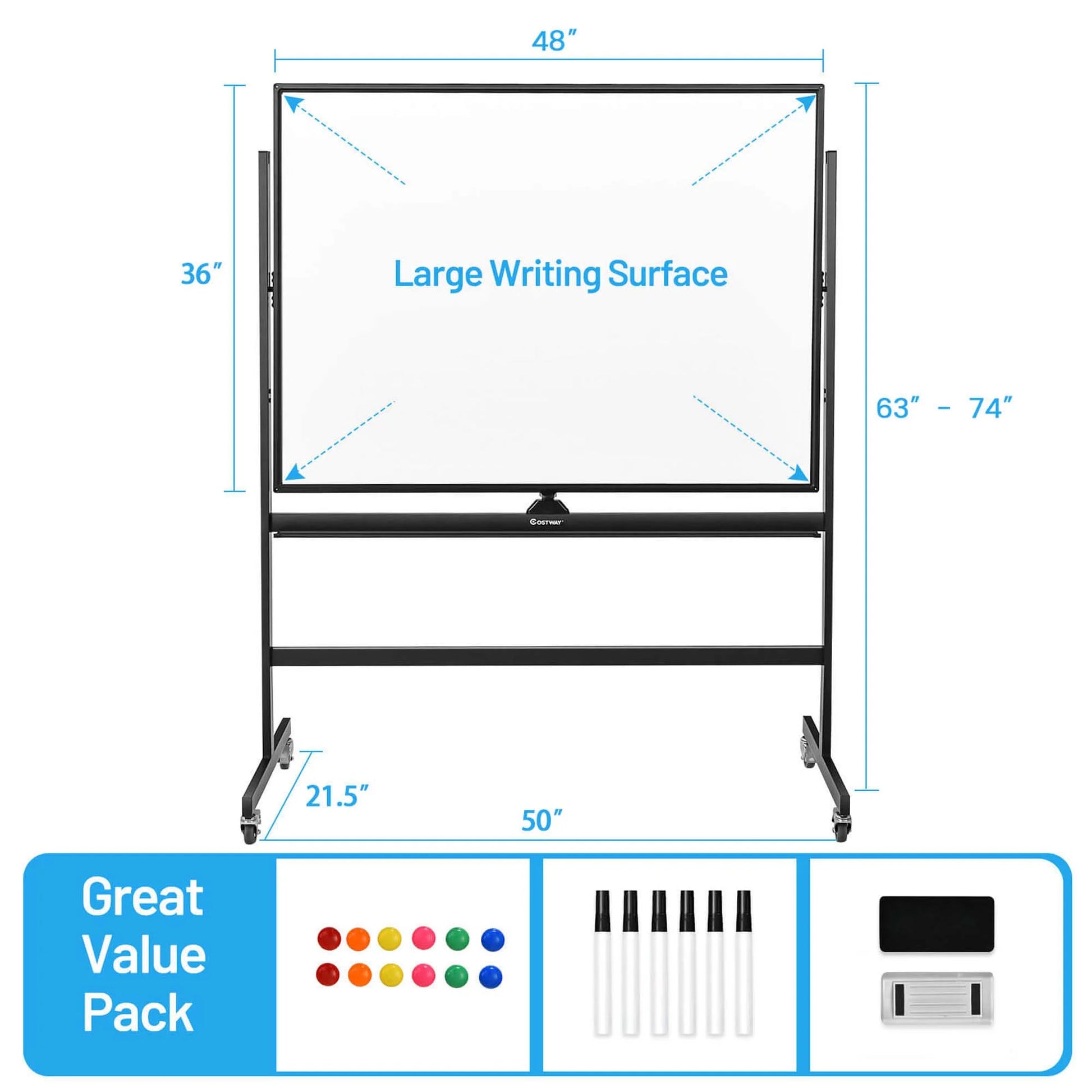 48''X36'' Mobile Magnetic Double-Sided Reversible Whiteboard Height Adjust