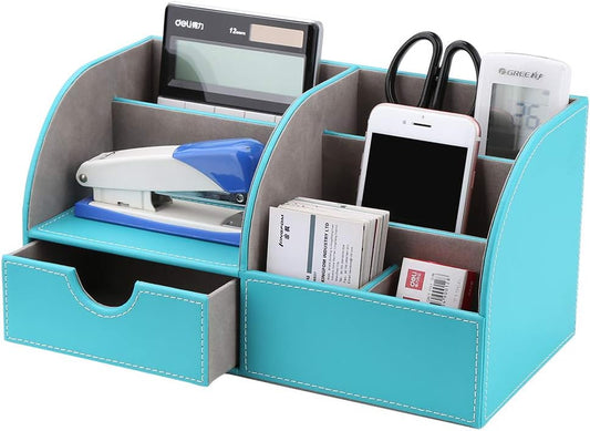 Chic Mint Blue PU Leather Desk Organizer: 6 Compartments & Drawer for a Tidy Workspace! 🖊️✨