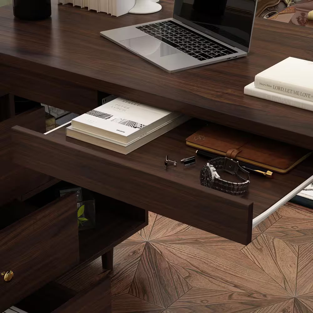 55.1 In. Width L-Shaped Brown Wooden 3-Drawer Computer Desk, Writing Desk with Shelves Storage