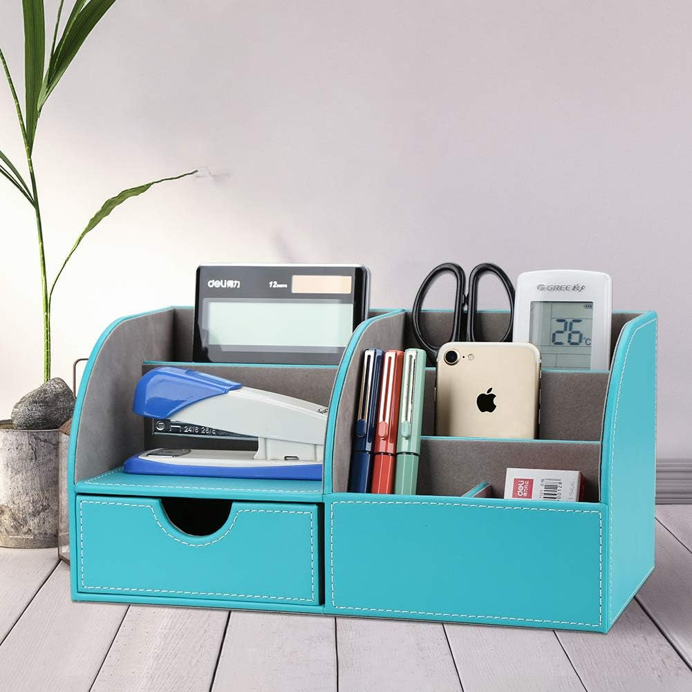 Chic Mint Blue PU Leather Desk Organizer: 6 Compartments & Drawer for a Tidy Workspace! 🖊️✨
