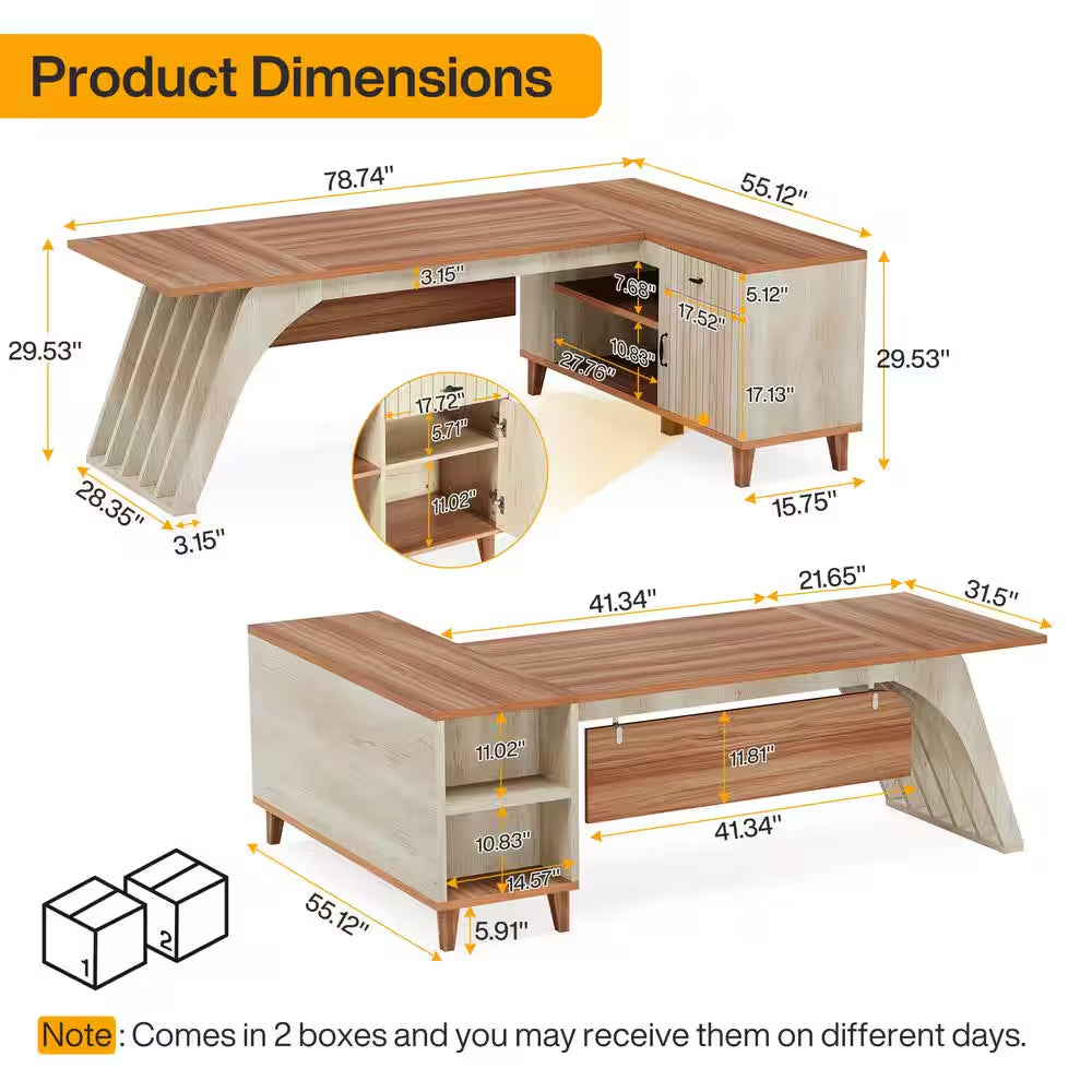 Halseey 79 In. L-Shaped Walnut and Oak Wood 1-Drawer Executive Office Desk, Large Computer Desk with File Cabinet