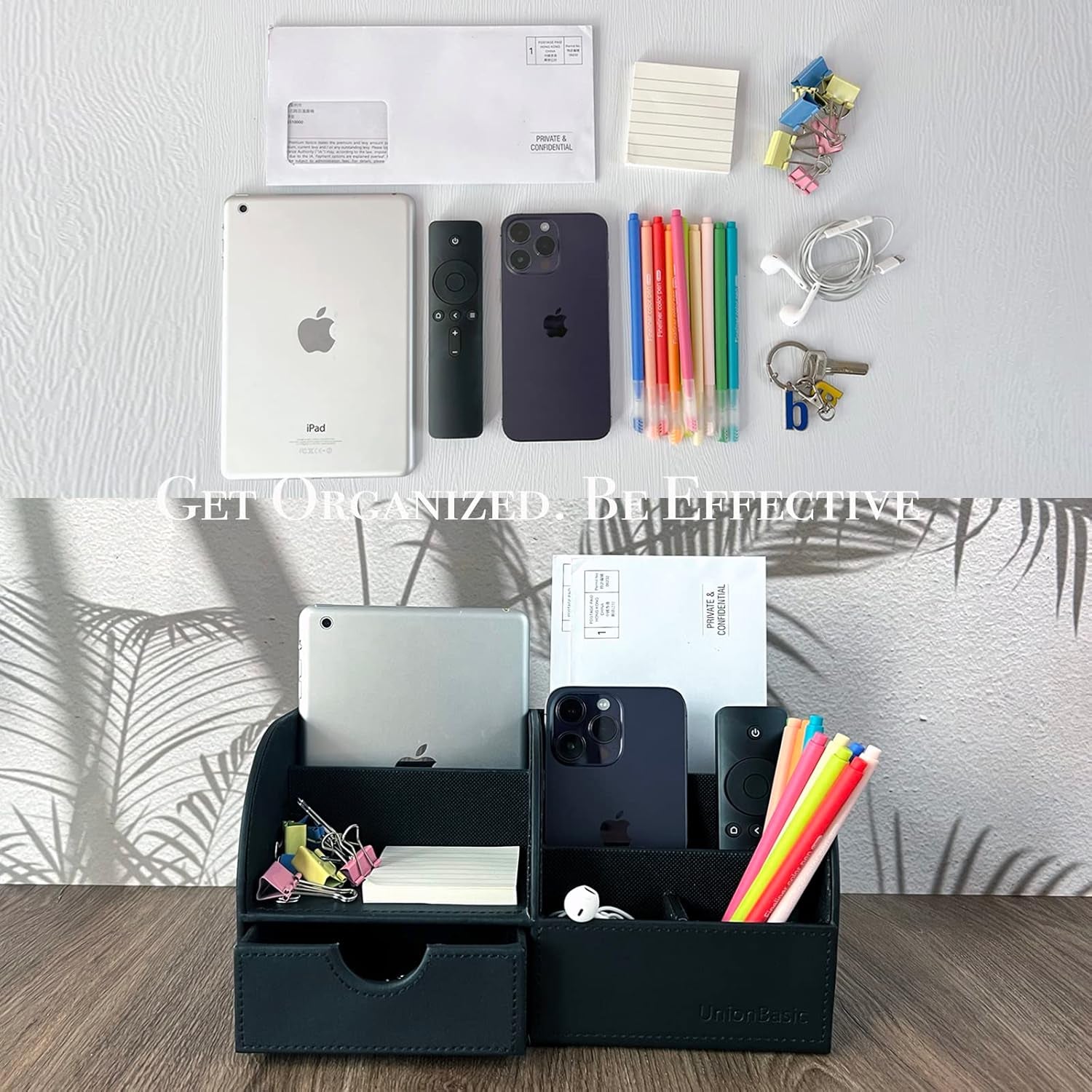 Elevate Your Workspace with the Sleek Black Leather Desk Organizer – The Ultimate Solution for Pens, Business Cards, and More! 🖊️📇📱