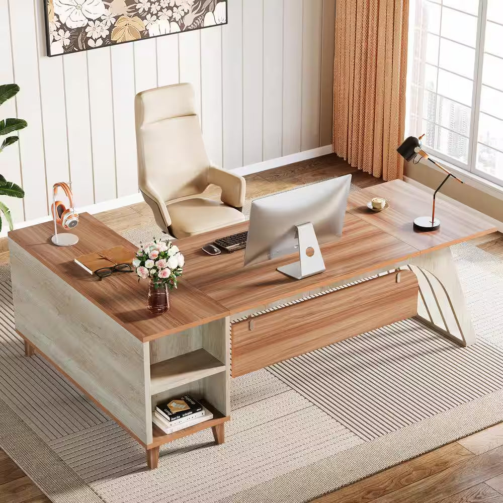 Halseey 79 In. L-Shaped Walnut and Oak Wood 1-Drawer Executive Office Desk, Large Computer Desk with File Cabinet