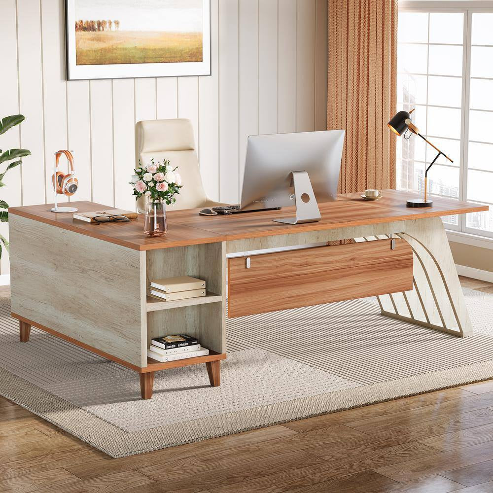 Halseey 79 In. L-Shaped Walnut and Oak Wood 1-Drawer Executive Office Desk, Large Computer Desk with File Cabinet