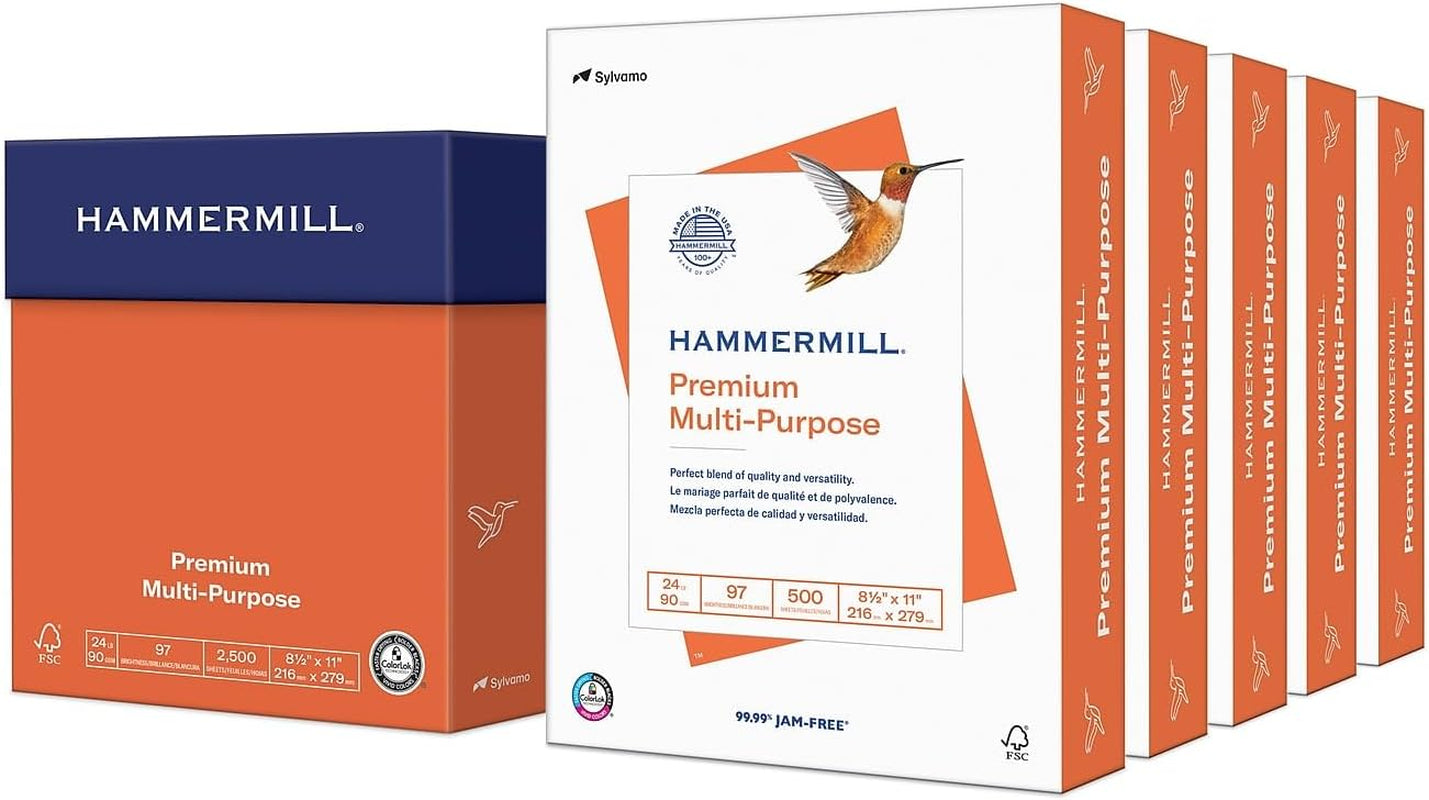 Premium Multipurpose Printer Paper, 24 lb, 8.5 x 11 inches, 5 Reams (2,500 Sheets), 97 Bright, Made in the USA, Model 105810C