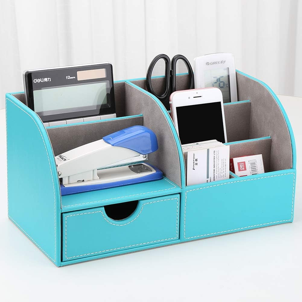Chic Mint Blue PU Leather Desk Organizer: 6 Compartments & Drawer for a Tidy Workspace! 🖊️✨
