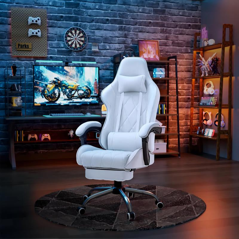HOMALL Gaming Chair Fabric Computer Chair Massage Game Chair Cloth Office Chair with Headrest, Lumbar Support & Footrest,White