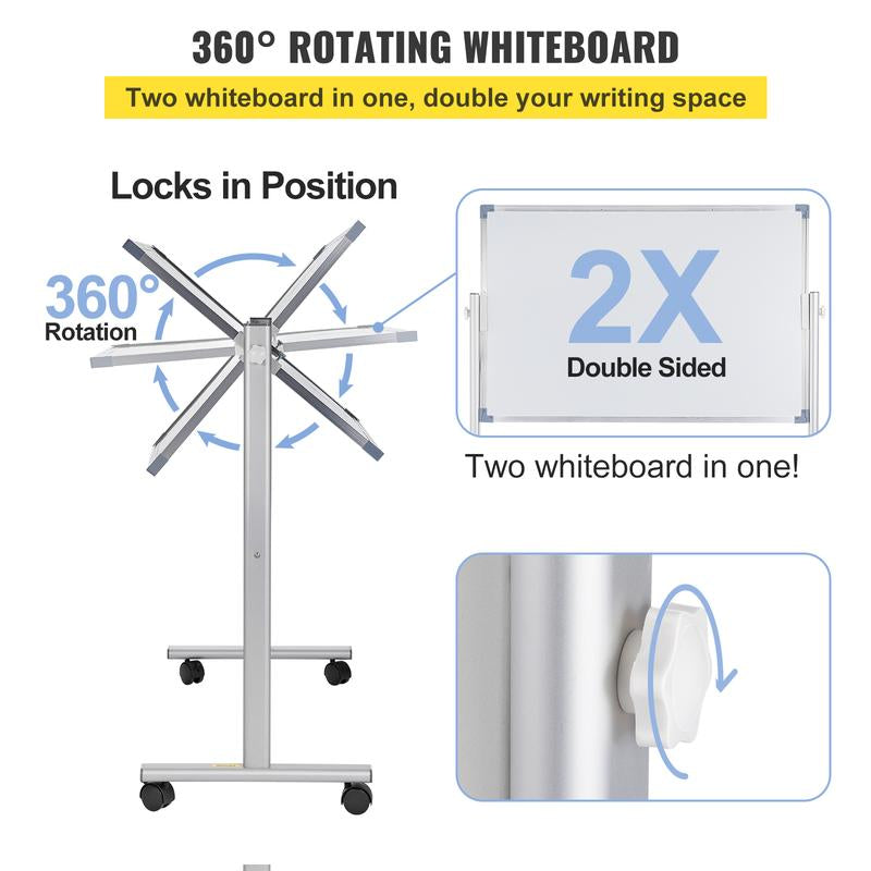 VEVOR Mobile Magnetic Whiteboard, 36 X 24 Inch, Double Sided, 360 Degree Reversible Rolling Dry Erase Board, Height Adjustable with Aluminum Frame and Lockable Swivel Wheels, for Office School Home