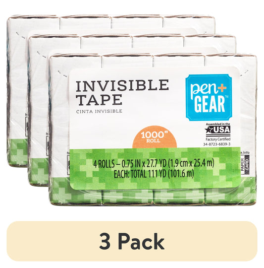 (3 Pack) Pen + Gear Invisible Tape, Clear, 3/4" X 1000", 4 Roll of Tape