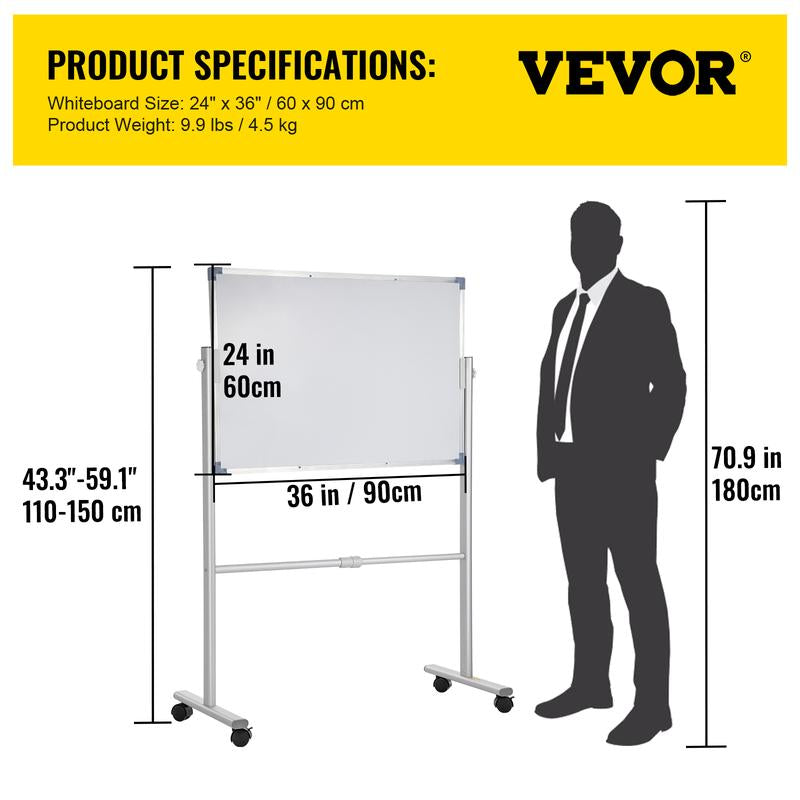 VEVOR Mobile Magnetic Whiteboard, 36 X 24 Inch, Double Sided, 360 Degree Reversible Rolling Dry Erase Board, Height Adjustable with Aluminum Frame and Lockable Swivel Wheels, for Office School Home