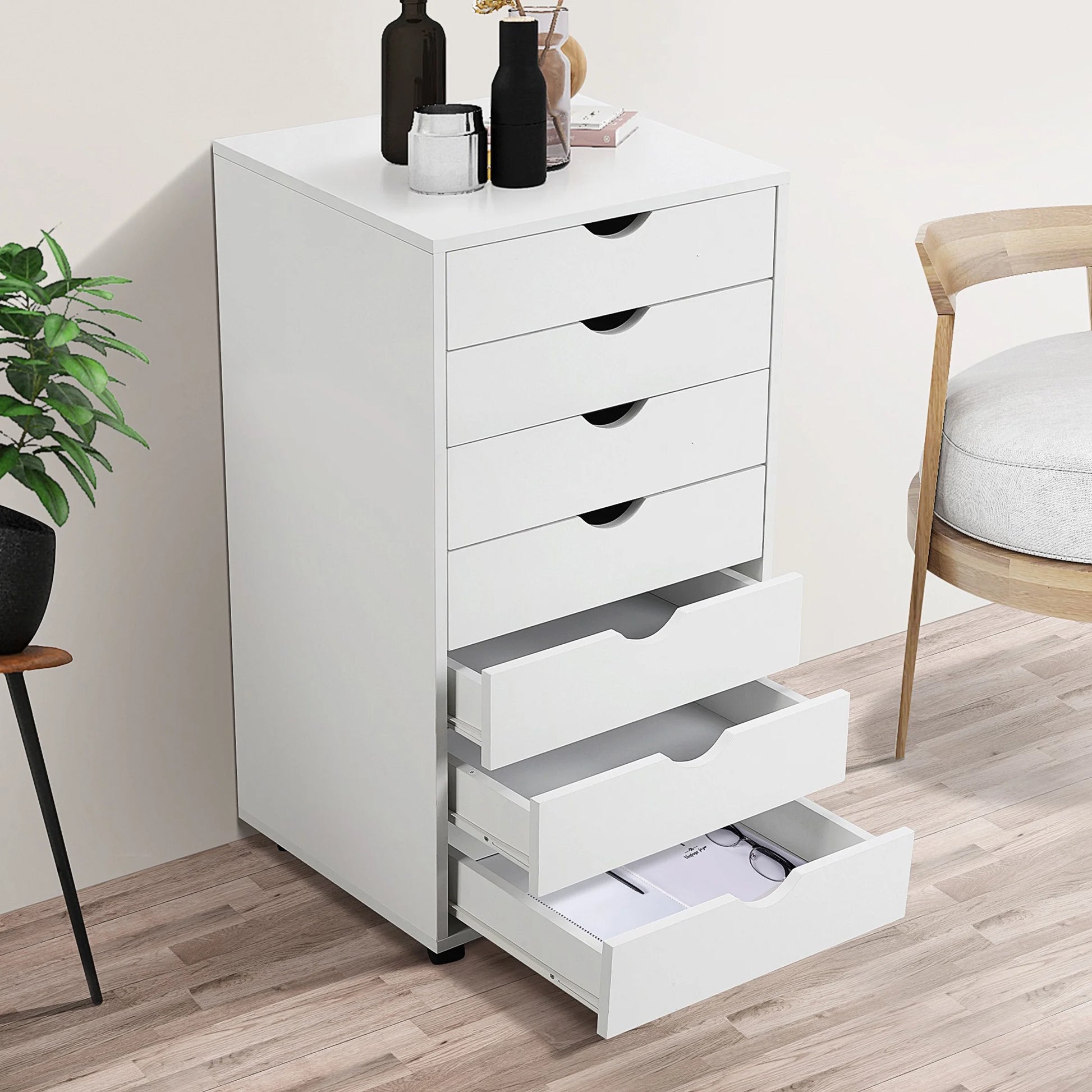 7-Drawer File Cabinet, Lateral Filing under Desk Storage Organizer with Wheels for Home Office, White