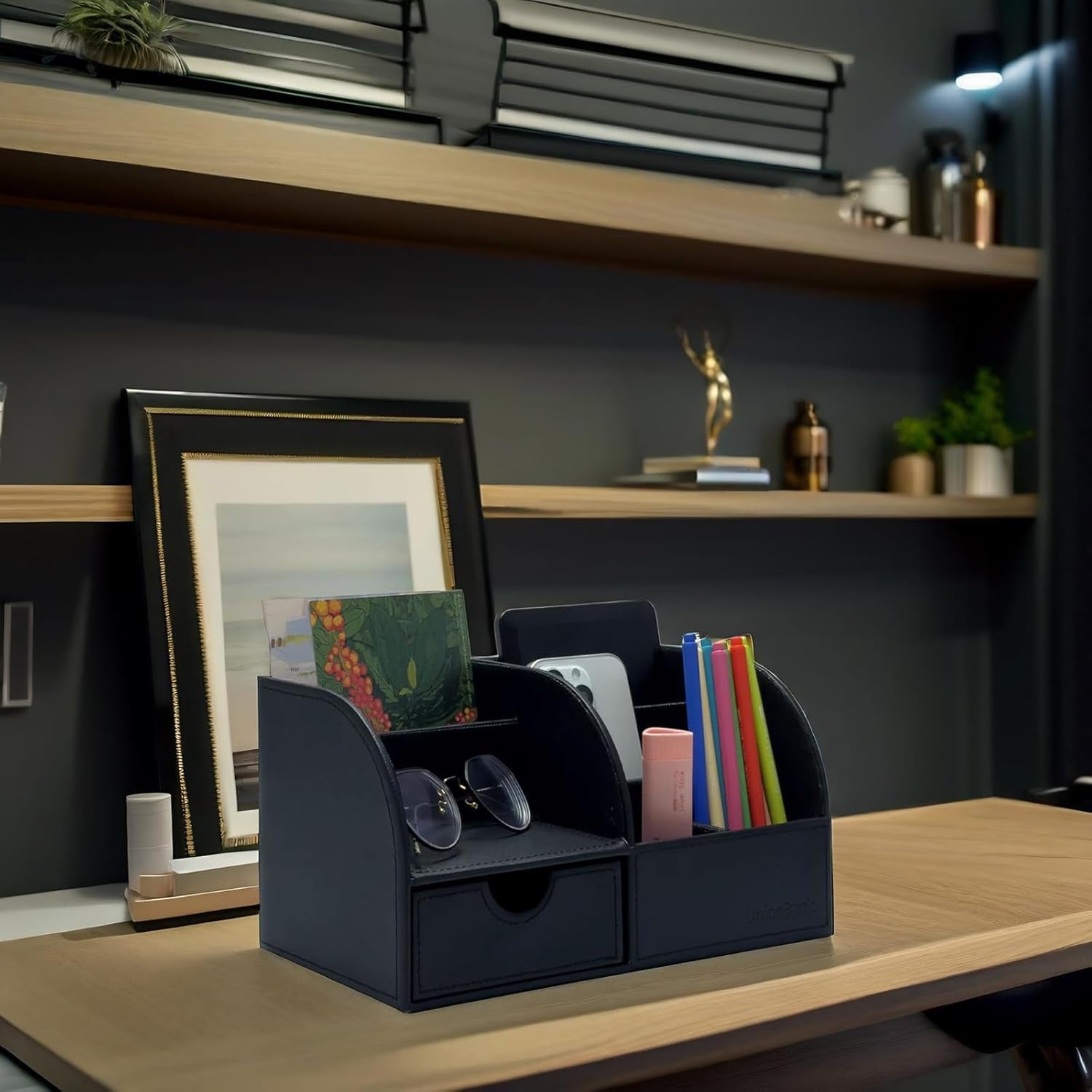 Elevate Your Workspace with the Sleek Black Leather Desk Organizer – The Ultimate Solution for Pens, Business Cards, and More! 🖊️📇📱