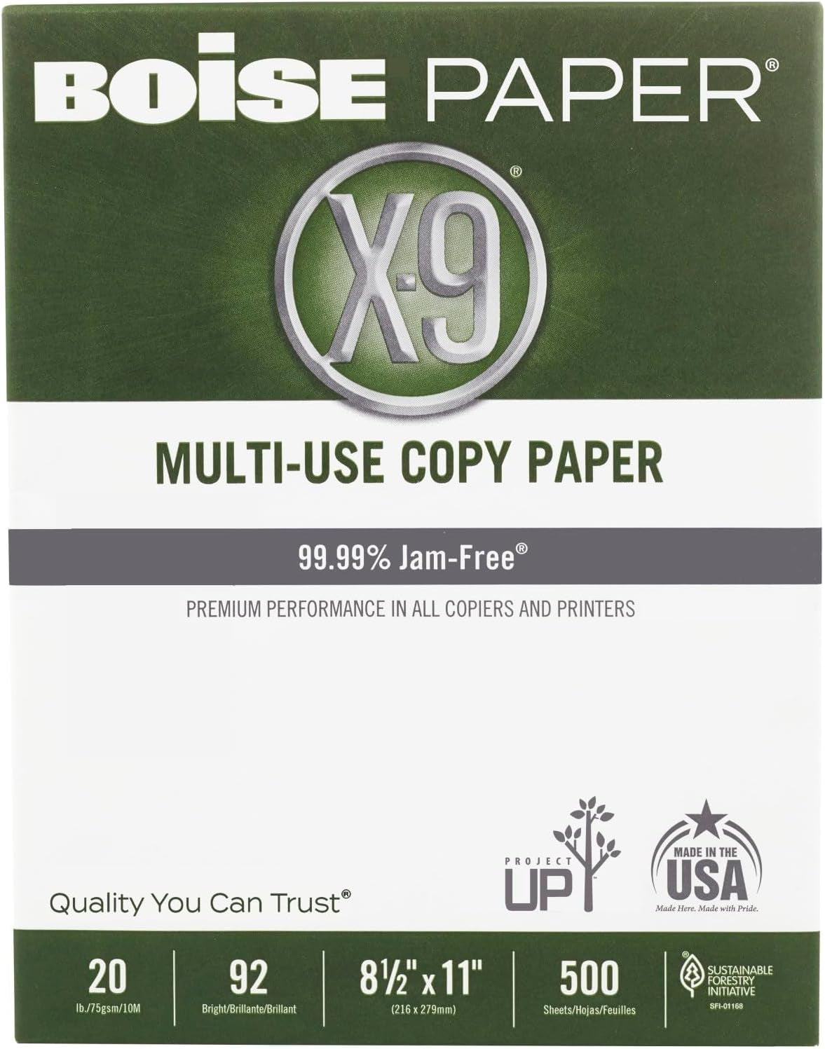 Boise® X-9® Multi-Use Print & Copy Paper, Letter Size (8 1/2" X 11"), 92 (U.S.) Brightness, 20 Lb, White, 500 Sheets per Ream, Case of 10 Reams
