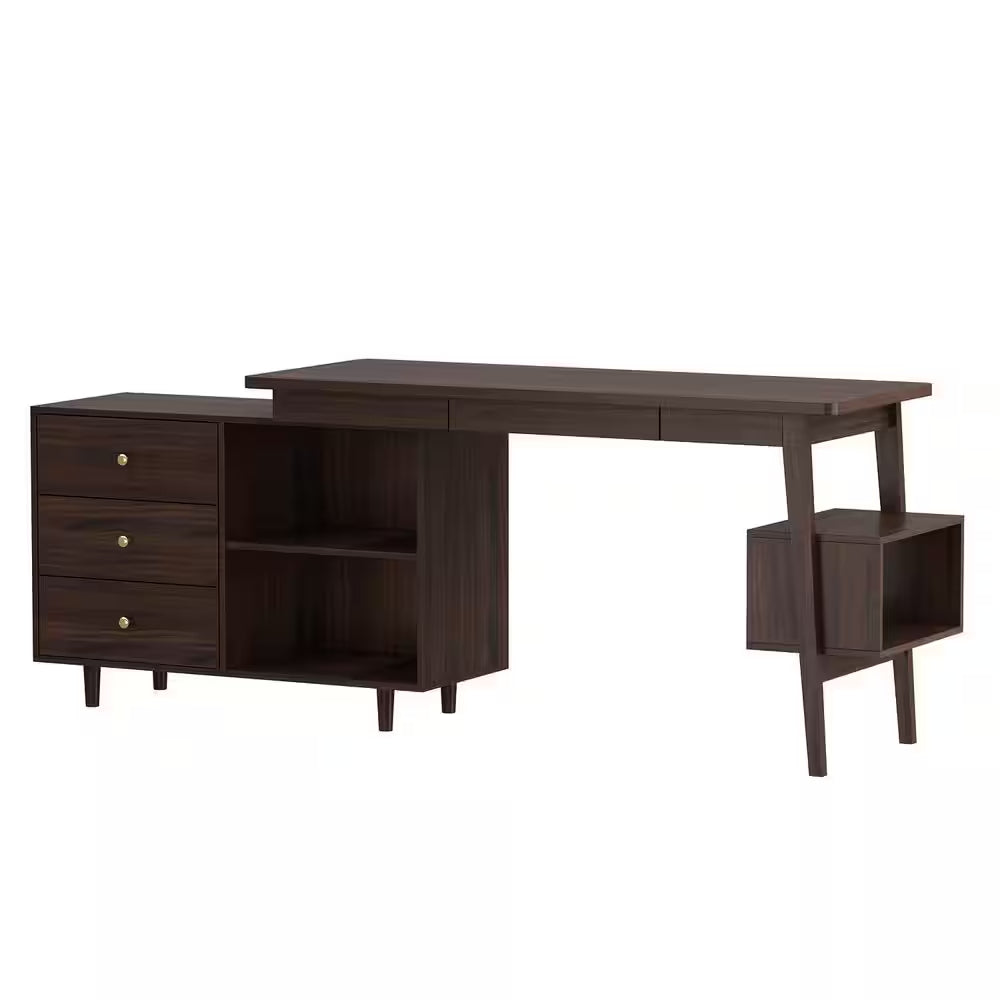 55.1 In. Width L-Shaped Brown Wooden 3-Drawer Computer Desk, Writing Desk with Shelves Storage
