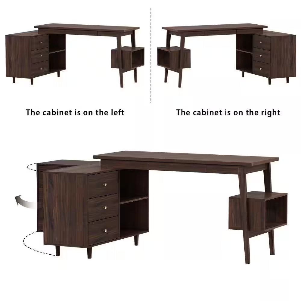 55.1 In. Width L-Shaped Brown Wooden 3-Drawer Computer Desk, Writing Desk with Shelves Storage