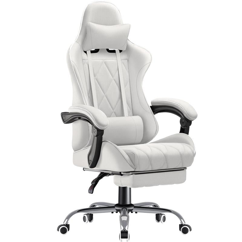 HOMALL Gaming Chair Fabric Computer Chair Massage Game Chair Cloth Office Chair with Headrest, Lumbar Support & Footrest,White