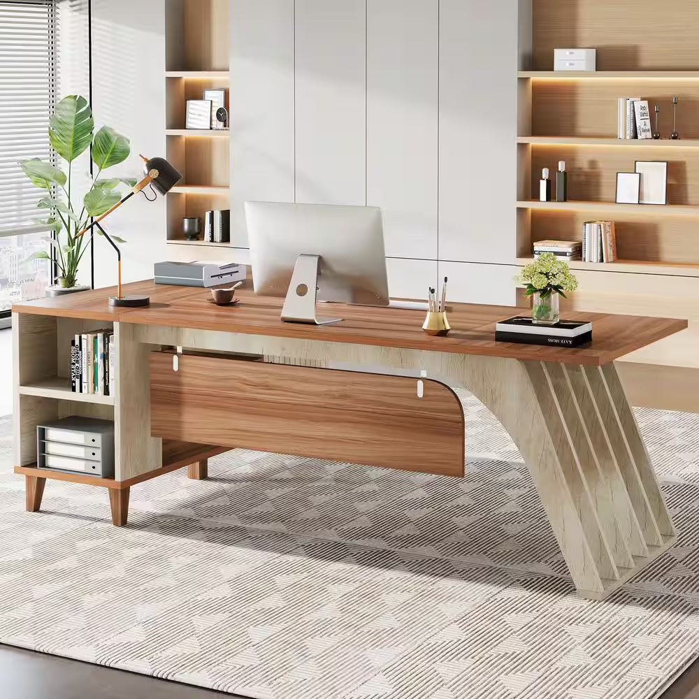 Halseey 79 In. L-Shaped Walnut and Oak Wood 1-Drawer Executive Office Desk, Large Computer Desk with File Cabinet