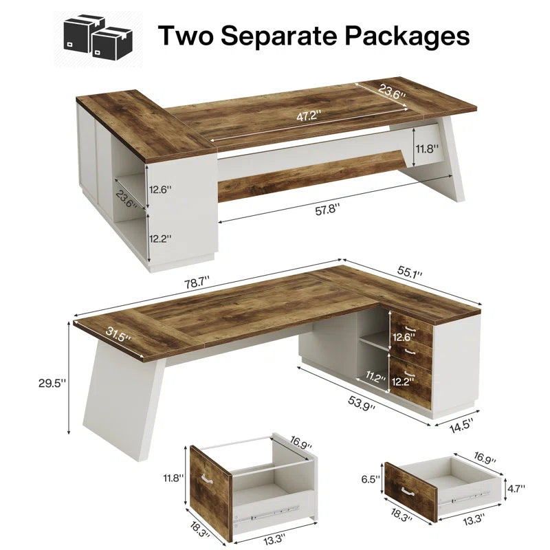 L-Shaped Executive Office Desk with Drawers and File Cabinet