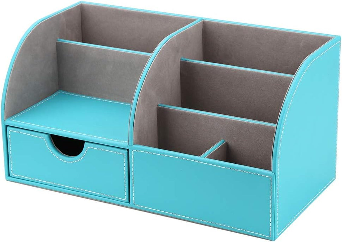 Chic Mint Blue PU Leather Desk Organizer: 6 Compartments & Drawer for a Tidy Workspace! 🖊️✨