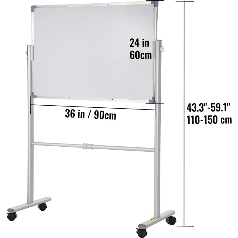 VEVOR Mobile Magnetic Whiteboard, 36 X 24 Inch, Double Sided, 360 Degree Reversible Rolling Dry Erase Board, Height Adjustable with Aluminum Frame and Lockable Swivel Wheels, for Office School Home