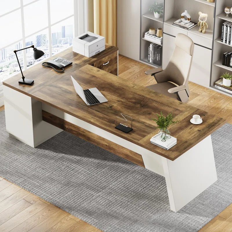 L-Shaped Executive Office Desk with Drawers and File Cabinet