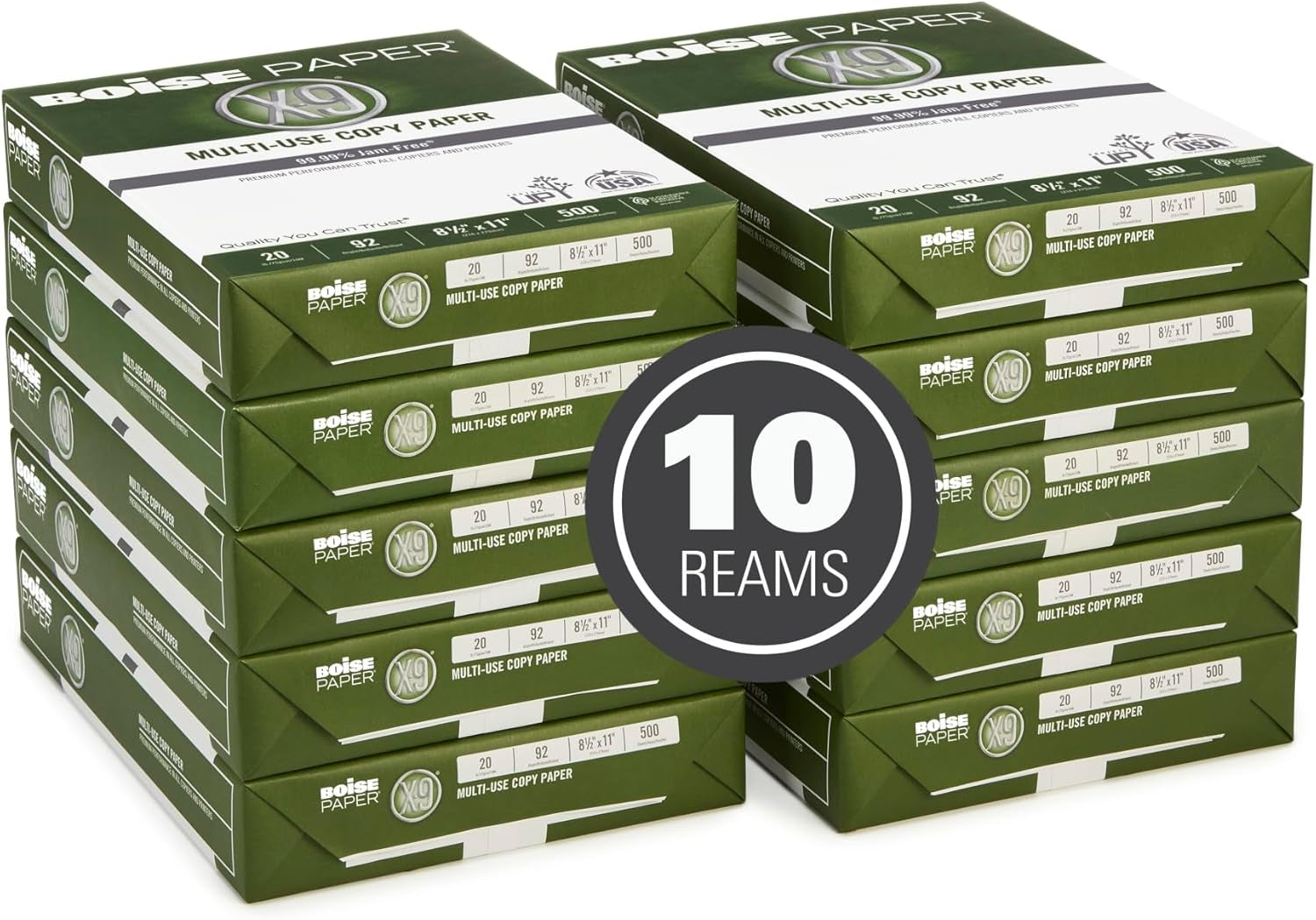 Boise® X-9® Multi-Use Print & Copy Paper, Letter Size (8 1/2" X 11"), 92 (U.S.) Brightness, 20 Lb, White, 500 Sheets per Ream, Case of 10 Reams