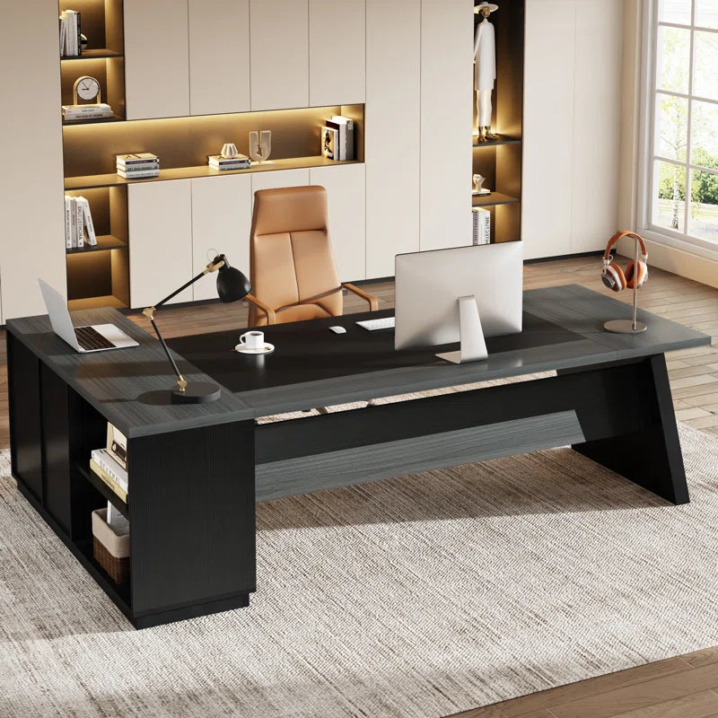 L-Shaped Executive Office Desk with Drawers and File Cabinet