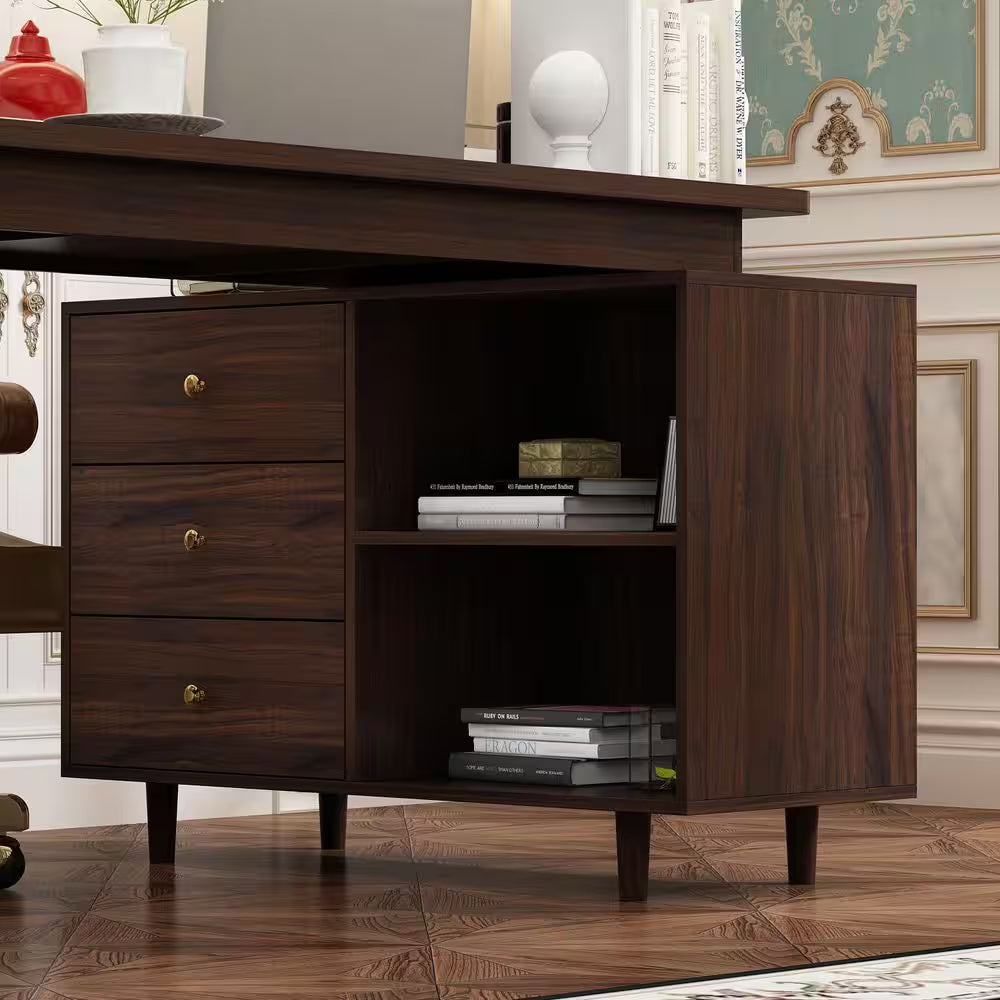 55.1 In. Width L-Shaped Brown Wooden 3-Drawer Computer Desk, Writing Desk with Shelves Storage