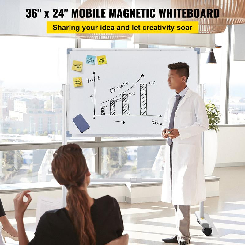 VEVOR Mobile Magnetic Whiteboard, 36 X 24 Inch, Double Sided, 360 Degree Reversible Rolling Dry Erase Board, Height Adjustable with Aluminum Frame and Lockable Swivel Wheels, for Office School Home