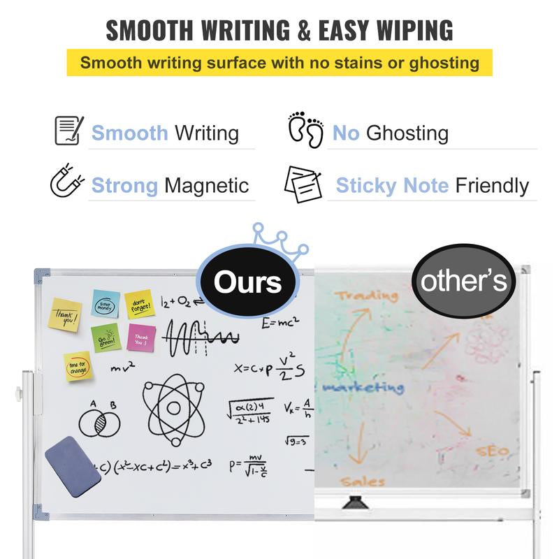 VEVOR Mobile Magnetic Whiteboard, 36 X 24 Inch, Double Sided, 360 Degree Reversible Rolling Dry Erase Board, Height Adjustable with Aluminum Frame and Lockable Swivel Wheels, for Office School Home