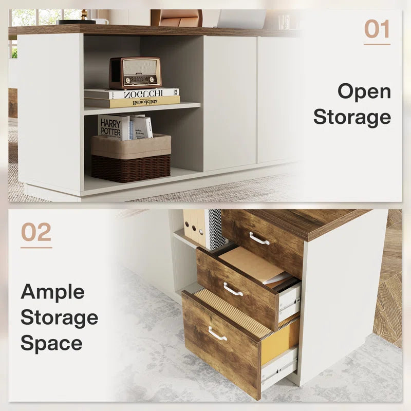 L-Shaped Executive Office Desk with Drawers and File Cabinet