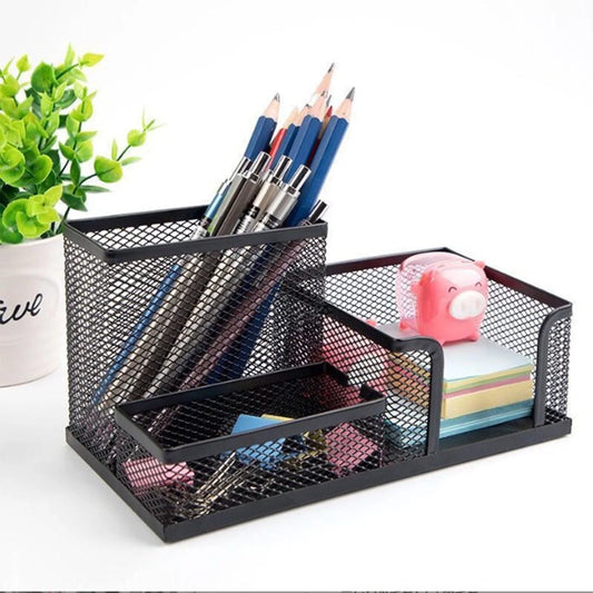 Elevate Your Workspace with a Stylish Black Mesh Desk Organizer - 4 Compartments for Ultimate Efficiency! 🖊️✨