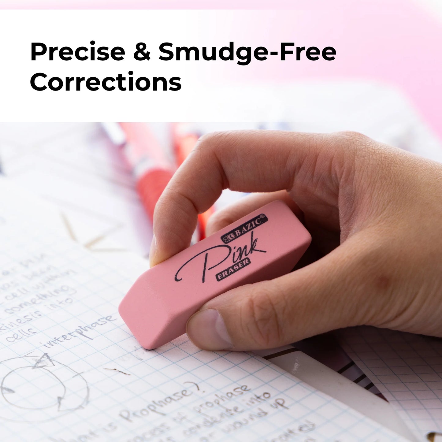 BAZIC Pink Eraser Latex Free Bevel Erasers Block Erasers (4/Pack), 1-Pack