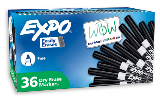 Dry Erase Markers, Black, Fine Tip, 36 Count