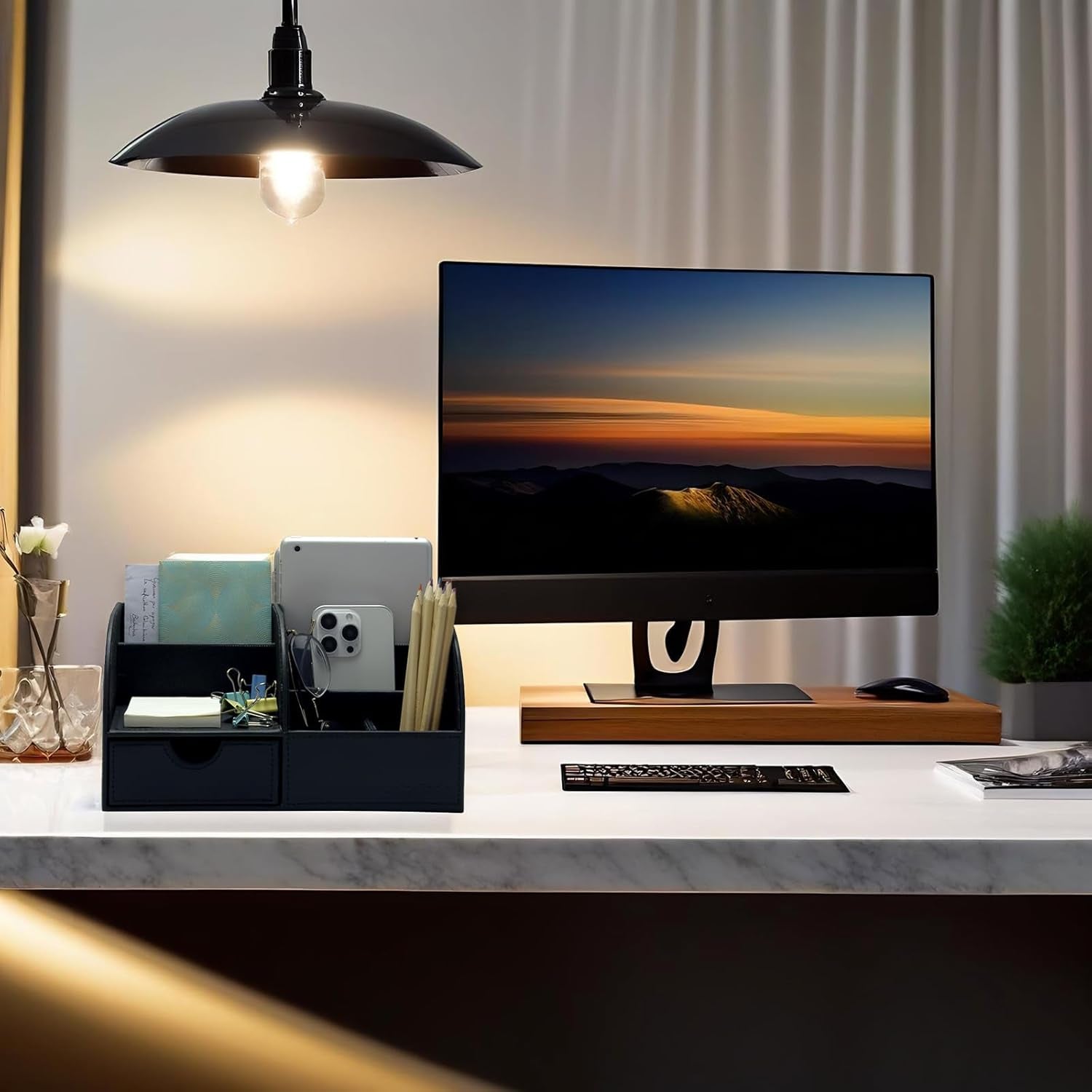 Elevate Your Workspace with the Sleek Black Leather Desk Organizer – The Ultimate Solution for Pens, Business Cards, and More! 🖊️📇📱