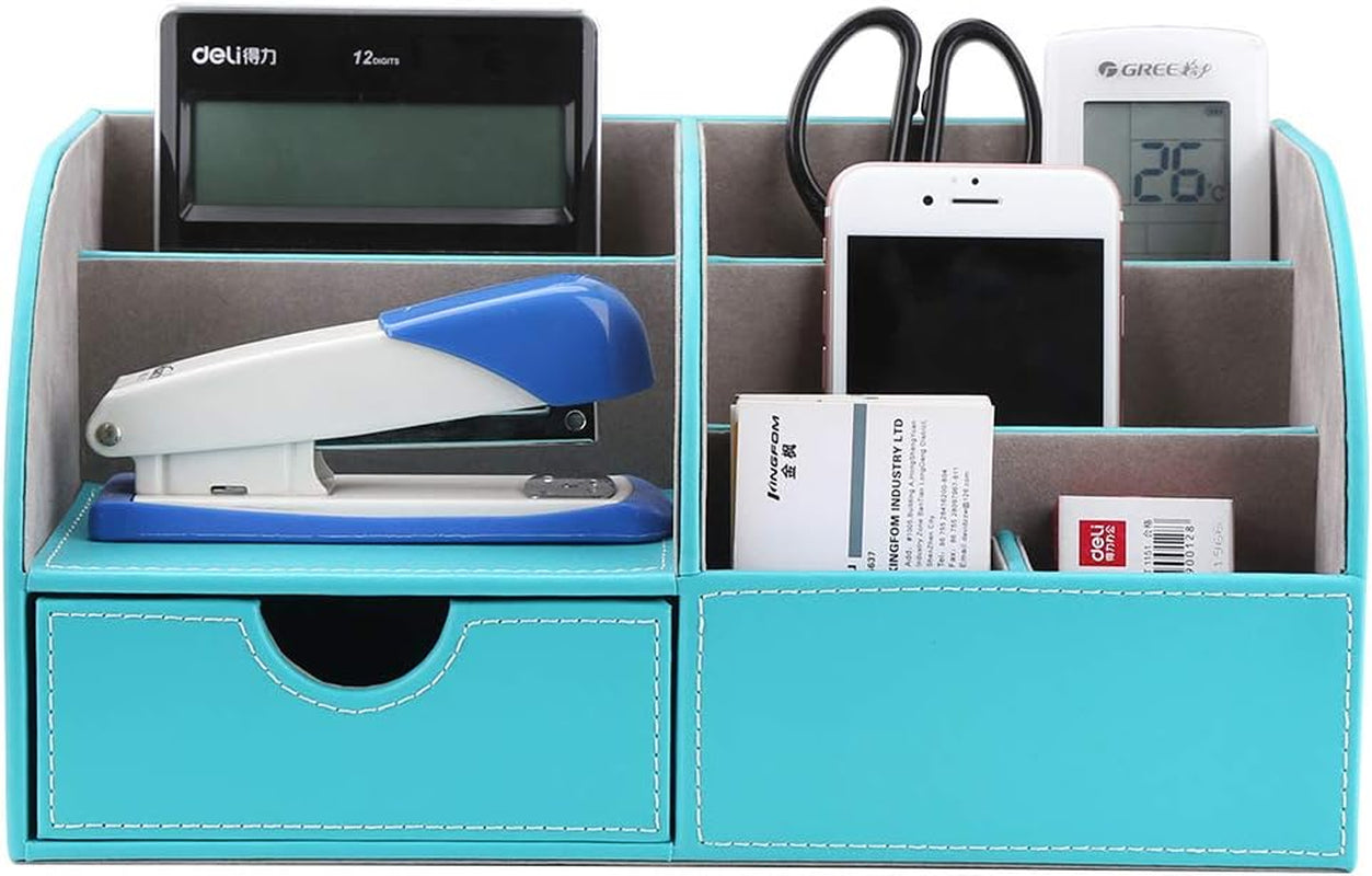 Chic Mint Blue PU Leather Desk Organizer: 6 Compartments & Drawer for a Tidy Workspace! 🖊️✨