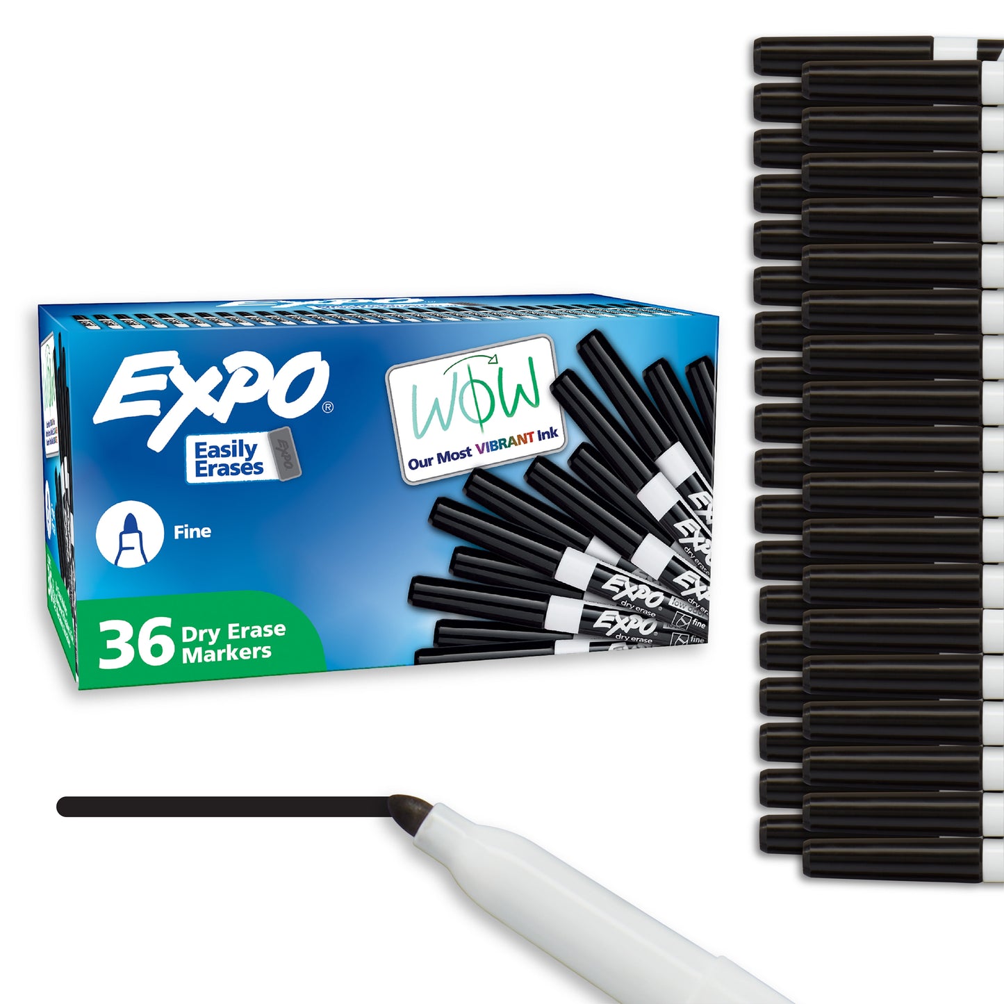 Dry Erase Markers, Black, Fine Tip, 36 Count