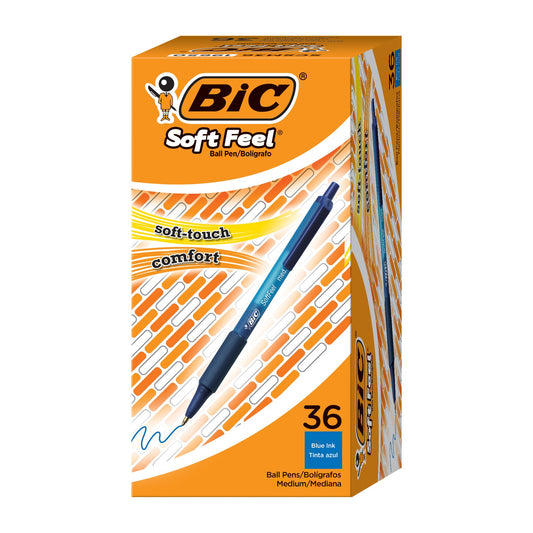 BIC Soft Feel Retractable Ball Point Pen Medium, Blue Ink, 36 Pack