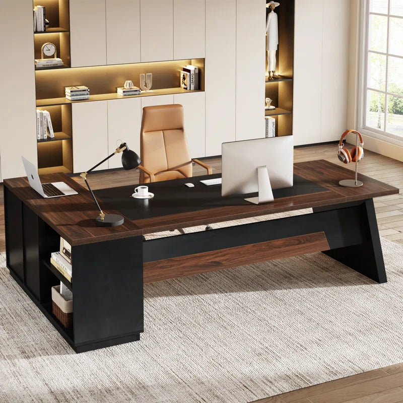 L-Shaped Executive Office Desk with Drawers and File Cabinet