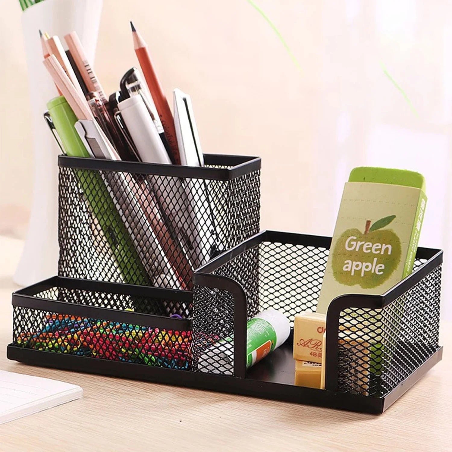 Elevate Your Workspace with a Stylish Black Mesh Desk Organizer - 4 Compartments for Ultimate Efficiency! 🖊️✨