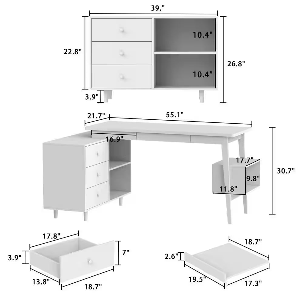55.1 In. Width L-Shaped Brown Wooden 3-Drawer Computer Desk, Writing Desk with Shelves Storage