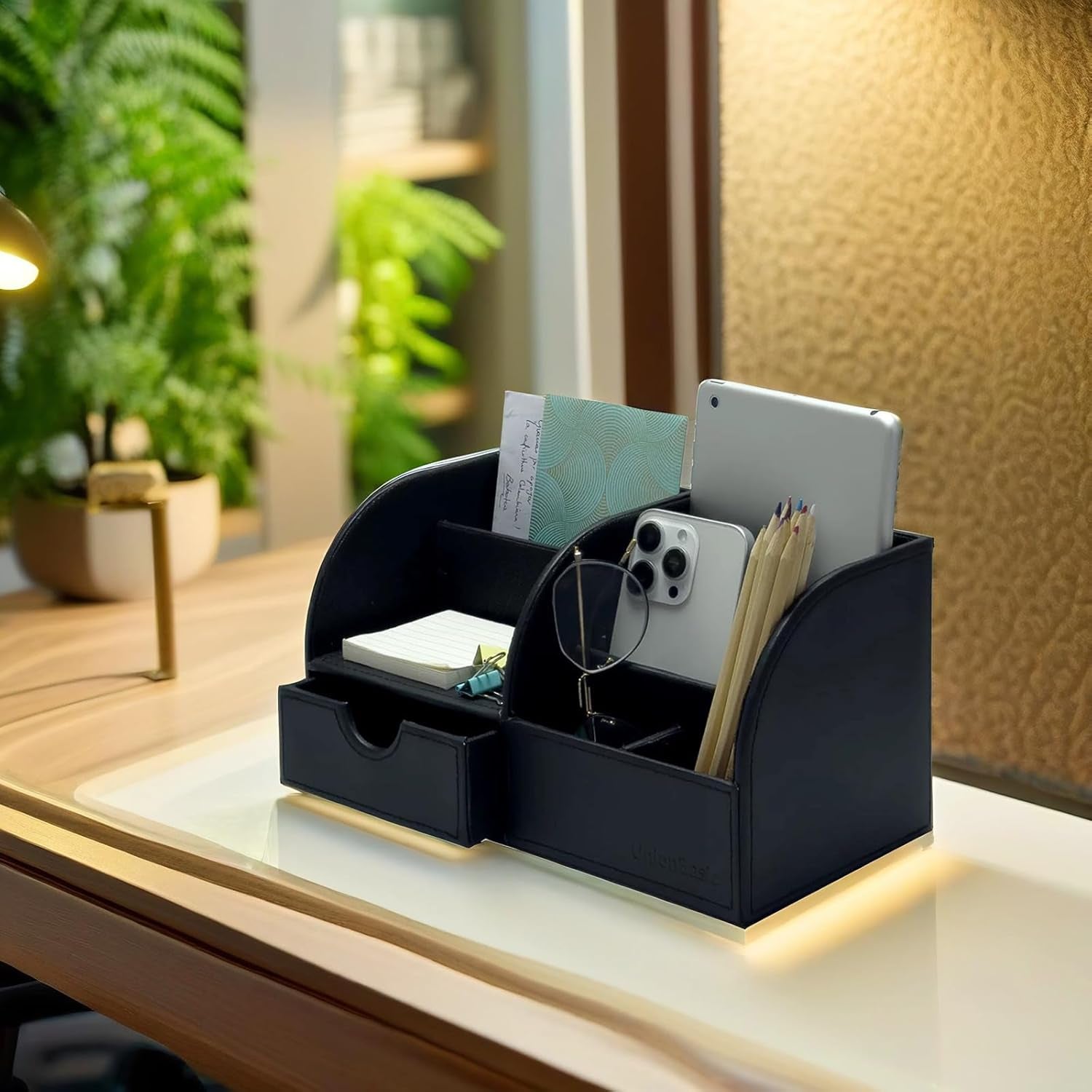 Elevate Your Workspace with the Sleek Black Leather Desk Organizer – The Ultimate Solution for Pens, Business Cards, and More! 🖊️📇📱