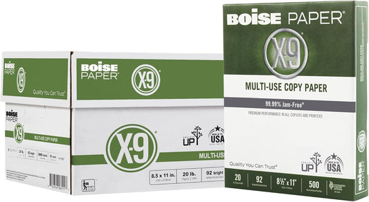 Boise® X-9® Multi-Use Print & Copy Paper, Letter Size (8 1/2" X 11"), 92 (U.S.) Brightness, 20 Lb, White, 500 Sheets per Ream, Case of 10 Reams